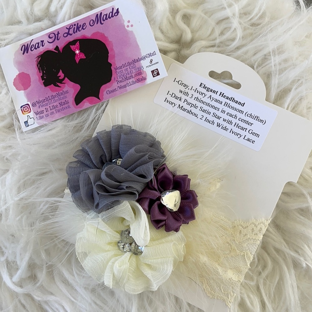 Boutique Wear It Like Mads Handmade Elegant Detailed Headband Cream Purple Gray